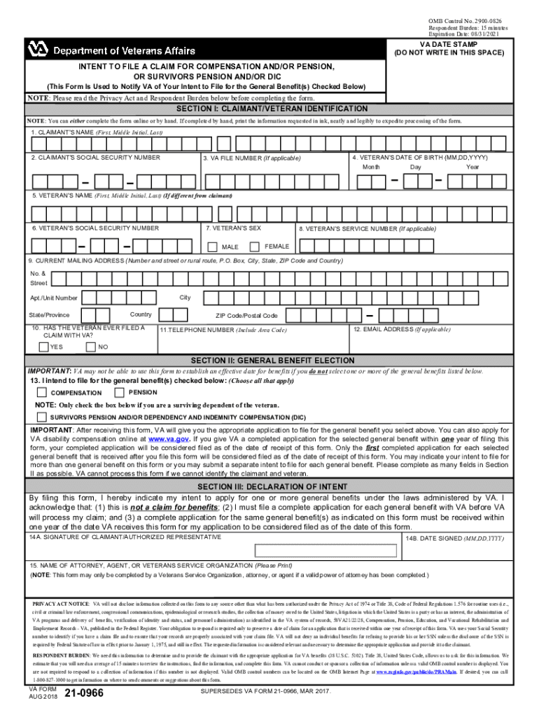 Fillable Online 21 0966 INTENT to FILE a CLAIM for 2018